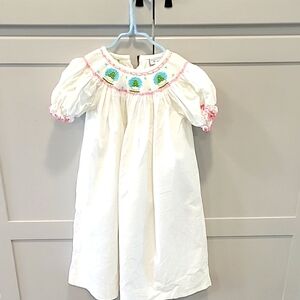 Smocked White Dress with Pink Trim, size 5. Shrimp & Grits Kids
